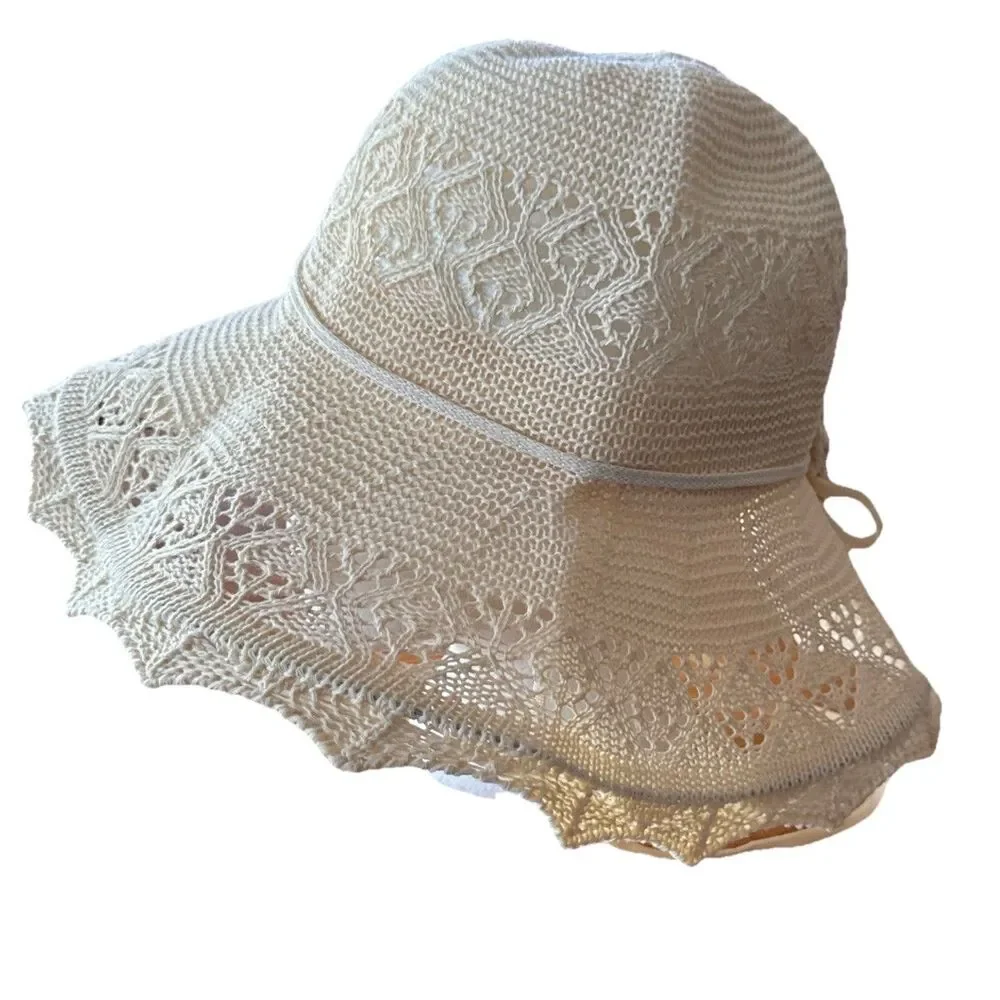 Vintage Grank Beige Sz L Lace Woven Summer Sun Hat Women's Floppy Beach Accessor